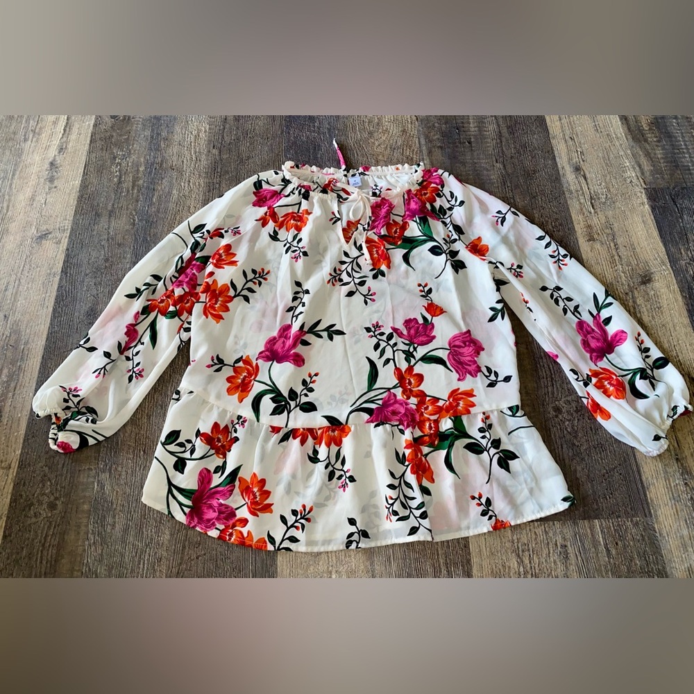 Old Navy White Off-Shoulder Blouse with Pink & Orange Floral Print